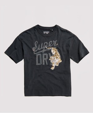 Superdry Tiger Nights Sparkle Box Fit Női Pólók Fekete | PXDJY6501